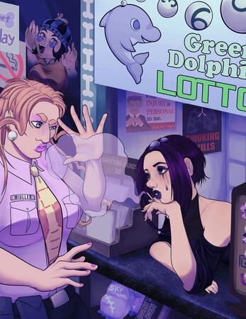 a digital illustration of Gwess, Miu Miu and Miraschon from JJBA. Miraschon is leaning over a counter, her chin resting on her left hand and holding a cigarette; she watches with half lidded eyes the smoke from her cigarette bothering Miu Miu, while the ot